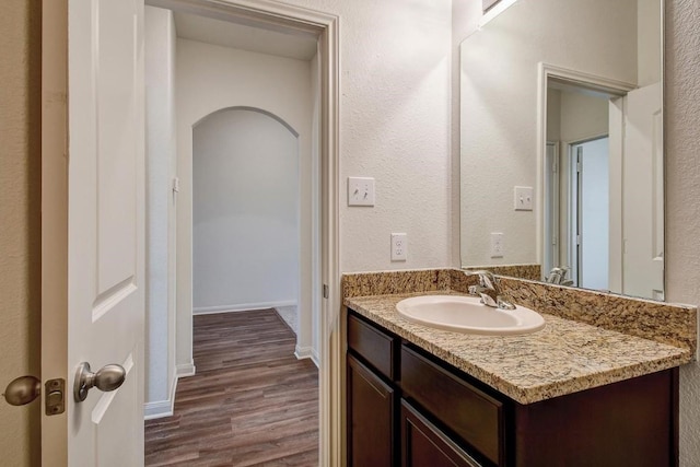 1174 Amy Dr, Kyle, TX 78640 - bathroom featuring wood finished floors, vanity, and baseboards