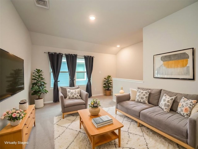 111 Lyrebird Ln, Hutto, TX 78634 - living room with baseboards, carpet floors, lofted ceiling, and recessed lighting