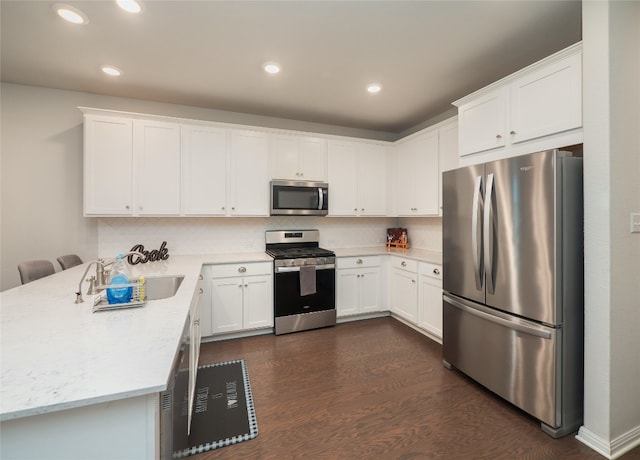 111 Lyrebird Ln, Hutto, TX 78634 - kitchen with stainless steel appliances, a peninsula, a sink, dark wood-style flooring, and recessed lighting