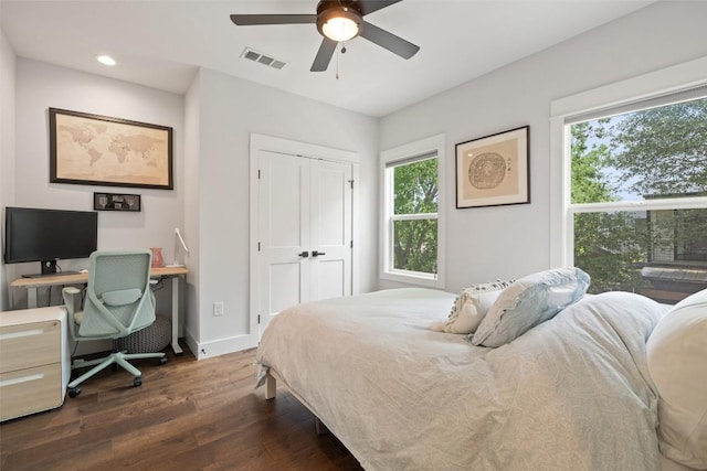 4423 Jinx Ave Unit 2, Austin, TX 78745 - bedroom with dark wood-type flooring, a closet, a ceiling fan, and recessed lighting