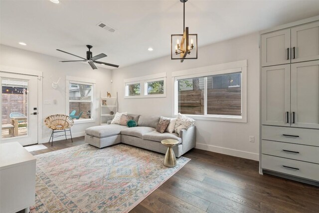 4423 Jinx Ave Unit 2, Austin, TX 78745 - living room with dark wood-style flooring, recessed lighting, a chandelier, and ceiling fan