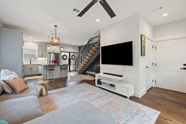 4423 Jinx Ave Unit 2, Austin, TX 78745 - living room with stairway, dark wood finished floors, recessed lighting, and ceiling fan