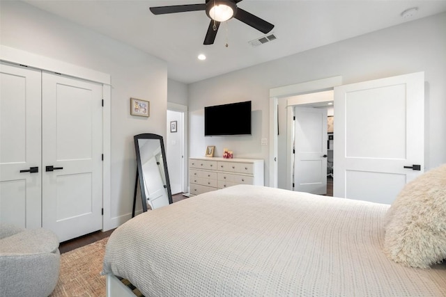 4423 Jinx Ave Unit 2, Austin, TX 78745 - bedroom featuring a closet, recessed lighting, wood finished floors, and ceiling fan