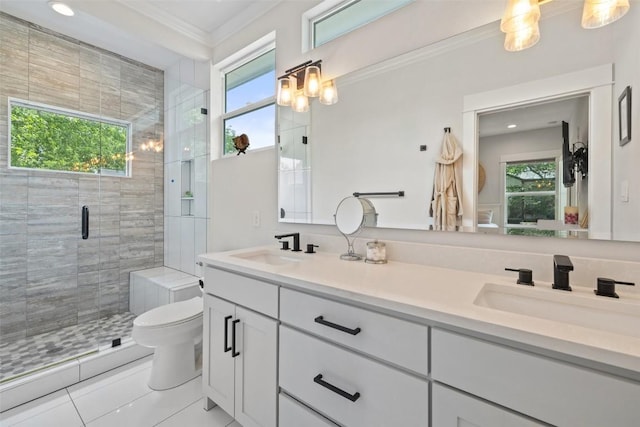 4423 Jinx Ave Unit 2, Austin, TX 78745 - bathroom featuring double vanity, healthy amount of natural light, ornamental molding, a stall shower, and tile patterned floors