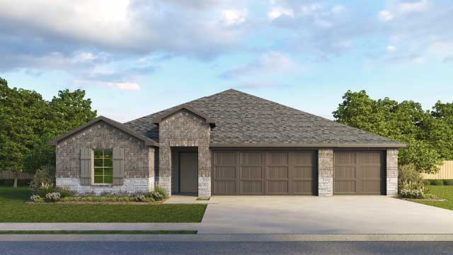 524 Tekoa Dr, Georgetown, TX 78628 - view of front of property with an attached garage, driveway, stone siding, and a front yard