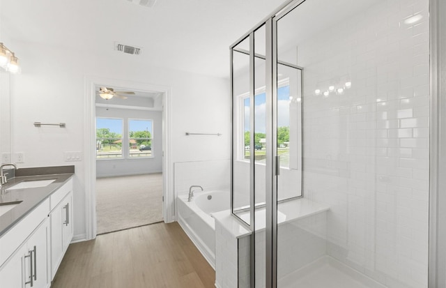 full bath featuring wood finished floors, a bath, double vanity, and a shower stall