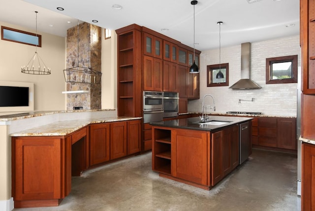 9208 Madrone Ranch Trl, Austin, TX 78738 - kitchen featuring open shelves, wall chimney exhaust hood, concrete flooring, appliances with stainless steel finishes, and recessed lighting