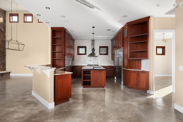 9208 Madrone Ranch Trl, Austin, TX 78738 - kitchen with open shelves, stainless steel built in fridge, concrete floors, baseboards, and a sink