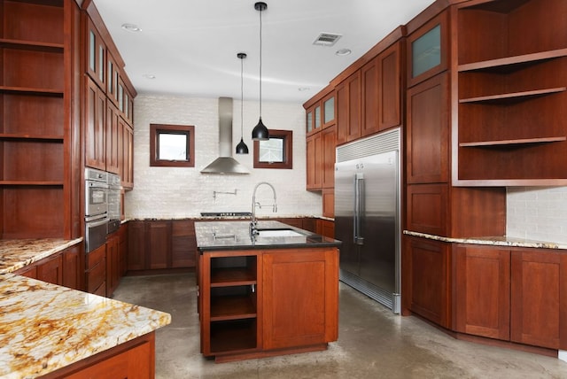 9208 Madrone Ranch Trl, Austin, TX 78738 - kitchen with open shelves, appliances with stainless steel finishes, a sink, wall chimney exhaust hood, and finished concrete flooring