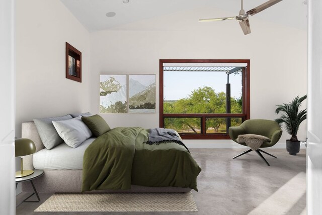 9208 Madrone Ranch Trl, Austin, TX 78738 - bedroom featuring vaulted ceiling, concrete flooring, and a ceiling fan