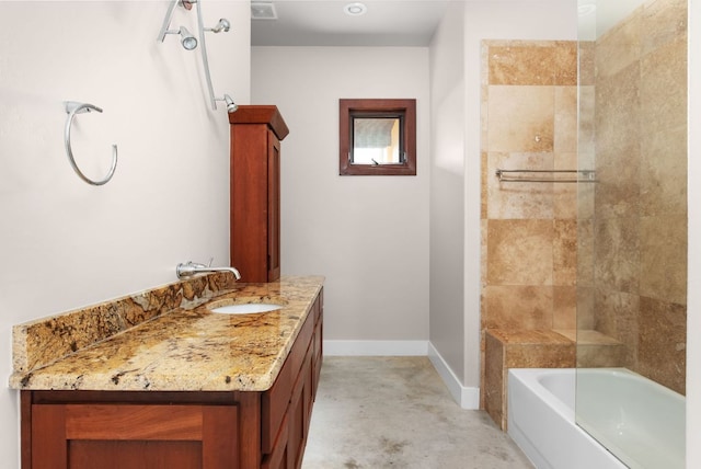 9208 Madrone Ranch Trl, Austin, TX 78738 - bathroom featuring baseboards, vanity, shower / bath combination, and concrete floors