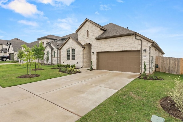french country inspired facade with stone siding, roof with shingles, a garage, and concrete driveway