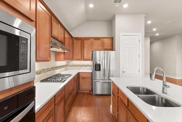 kitchen with appliances with stainless steel finishes, a sink, under cabinet range hood, light countertops, and dark wood-style floors