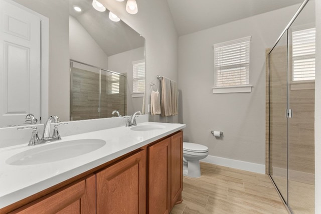 bathroom with a stall shower, healthy amount of natural light, vaulted ceiling, and toilet