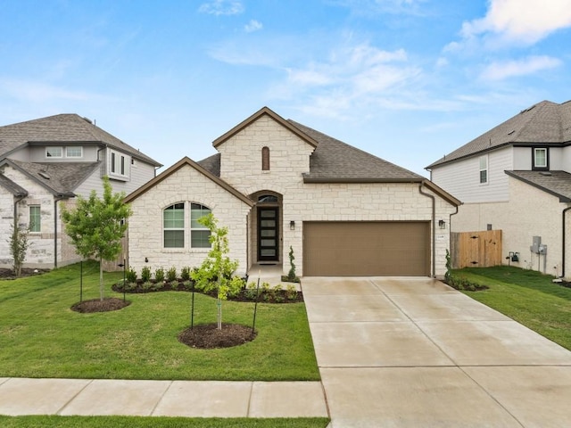 french country inspired facade featuring an attached garage, stone siding, and driveway