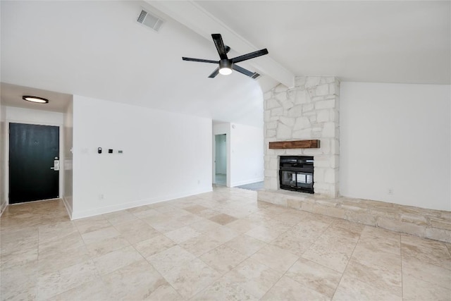4703 Quicksilver Blvd, Austin, TX 78744 - unfurnished living room with ceiling fan, a stone fireplace, and tile patterned floors