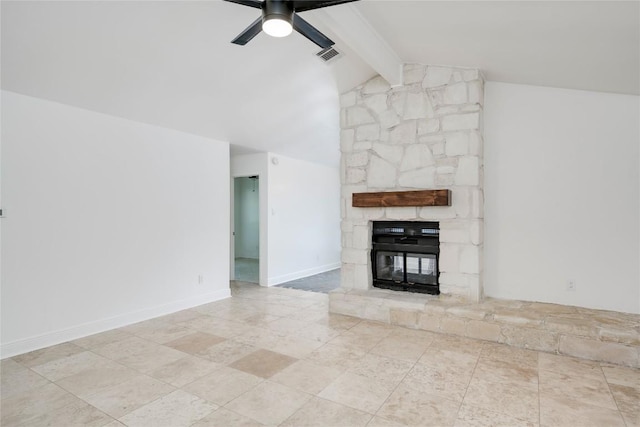 4703 Quicksilver Blvd, Austin, TX 78744 - unfurnished living room with a ceiling fan and a stone fireplace
