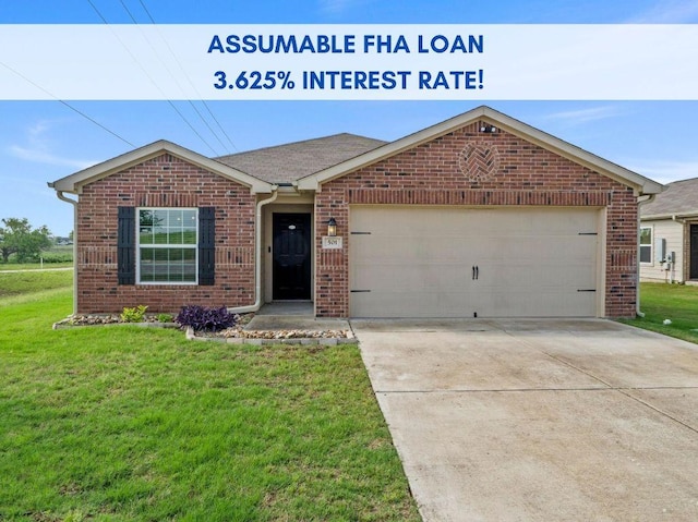 501 Cleary Ln, Jarrell, TX 76537 - ranch-style house featuring brick siding, a garage, driveway, and a front lawn