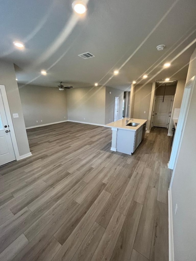 264 Little Green Trl, Jarrell, TX 76537 - unfurnished living room with wood finished floors and a ceiling fan
