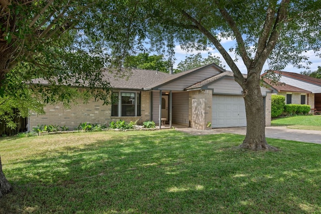 single story home with an attached garage, brick siding, a front lawn, driveway, and roof with shingles