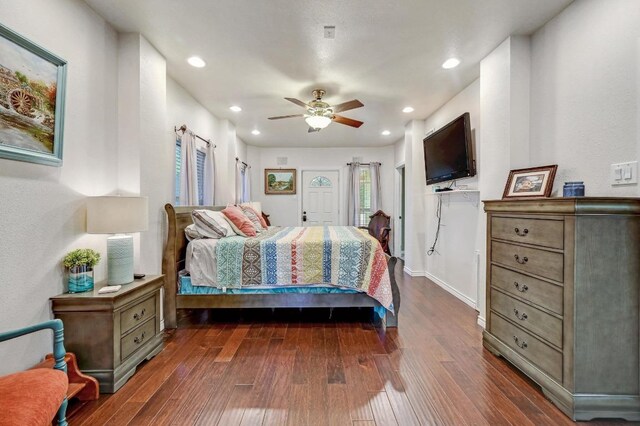 bedroom featuring dark wood-style flooring, recessed lighting, and ceiling fan