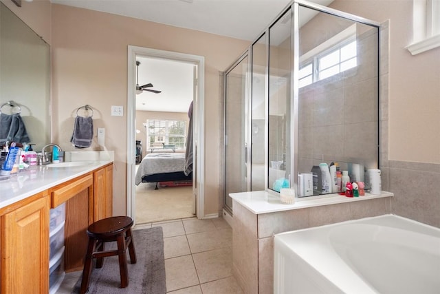 full bath featuring a shower stall, ensuite bathroom, a garden tub, and a ceiling fan