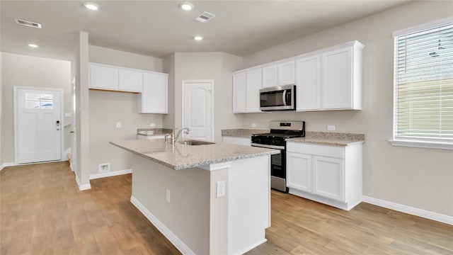 204 Inks Ln, Kyle, TX 78640 - kitchen with appliances with stainless steel finishes, a sink, an island with sink, light wood finished floors, and recessed lighting