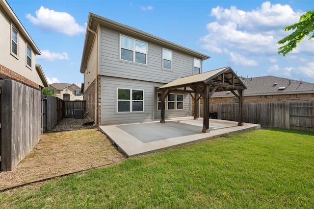 back of house featuring a gazebo, central air condition unit, and a patio