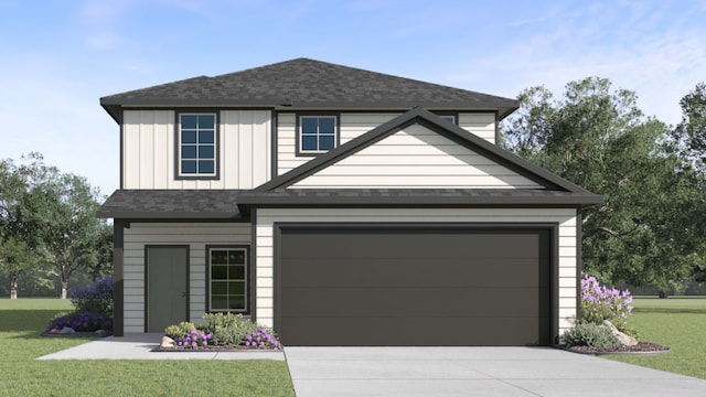 154 Sandringham Loop, Uhland, TX 78640 - traditional home with concrete driveway, roof with shingles, a front lawn, and board and batten siding