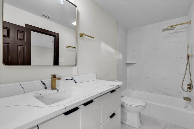 112 Paragon Ct, Lakeway, TX 78734 - bathroom featuring marble look tiles, toilet, vanity, and shower / bathtub combination