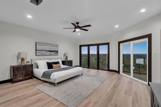 112 Paragon Ct, Lakeway, TX 78734 - bedroom featuring access to exterior, recessed lighting, light wood-type flooring, and ceiling fan