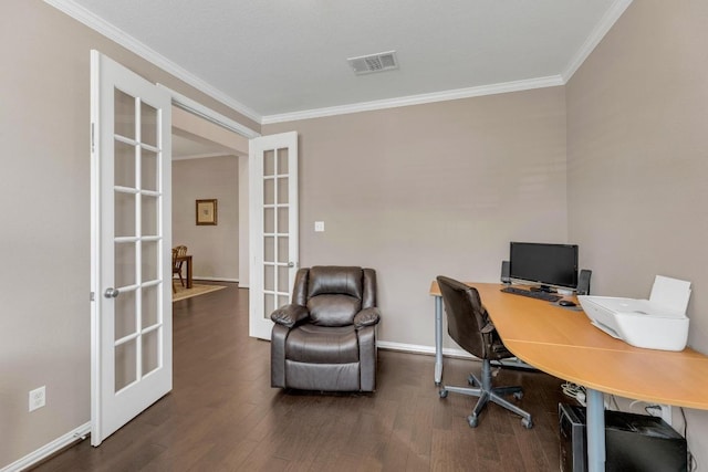 home office with french doors, wood finished floors, ornamental molding, and baseboards