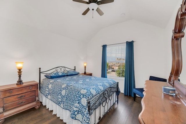 bedroom featuring vaulted ceiling, ceiling fan, and dark wood-style flooring