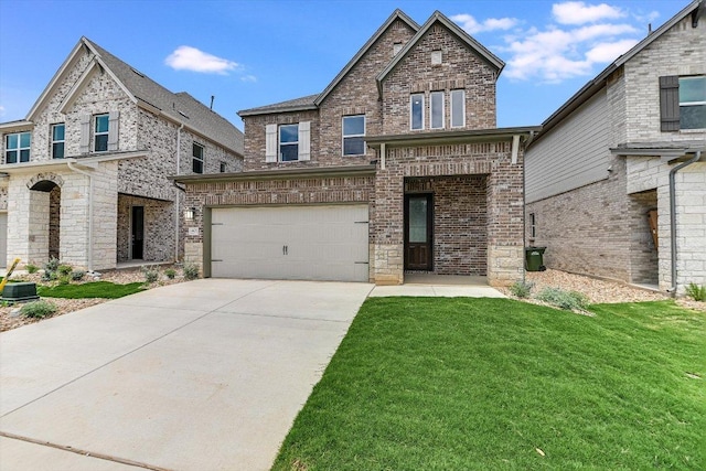 1401 S Brook Dr, Leander, TX 78641 - view of front of property with driveway, brick siding, a front lawn, and a garage