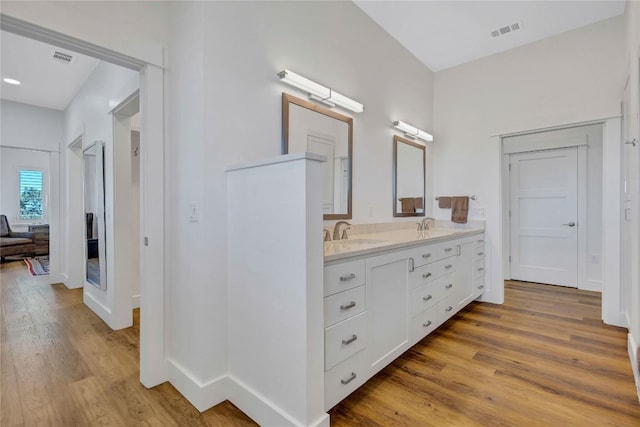 bathroom featuring wood finished floors, double vanity, and baseboards