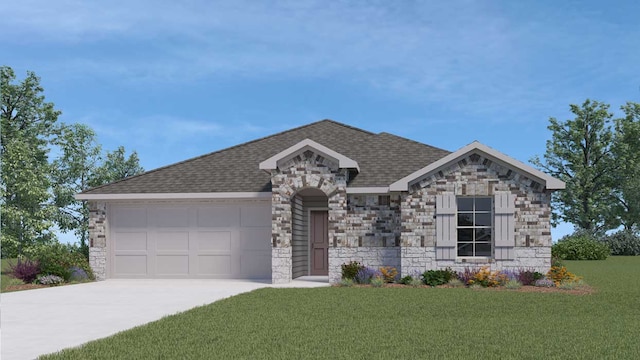 single story home with stone siding, driveway, a front lawn, and an attached garage