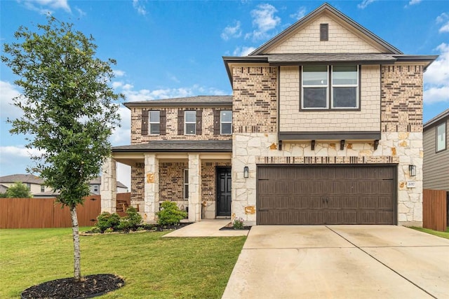 traditional-style home with an attached garage, concrete driveway, and stone siding