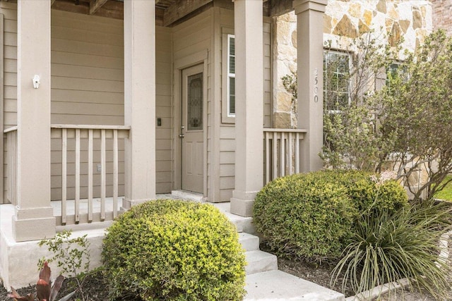 doorway to property with stone siding