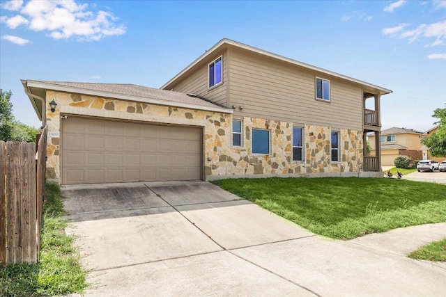 view of front of property with stone siding, a garage, driveway, and a balcony