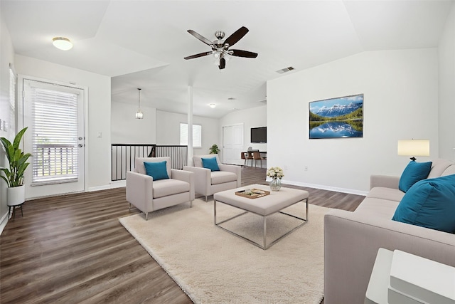 2500 Mcdonald Way, Austin, TX 78754 - living room featuring vaulted ceiling, dark wood-style flooring, and a ceiling fan