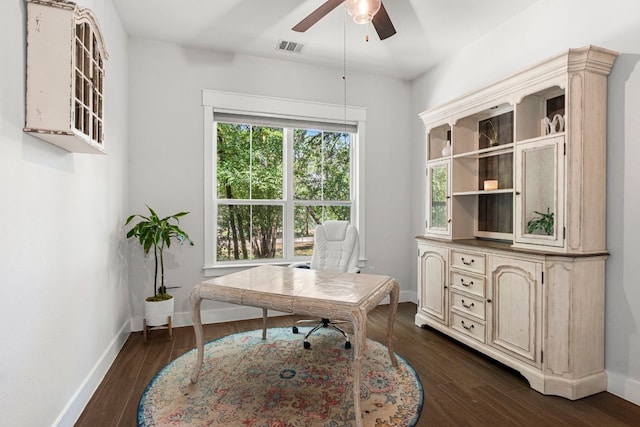 4 La Toya Trl, Wimberley, TX 78676 - home office with a ceiling fan and dark wood-style flooring