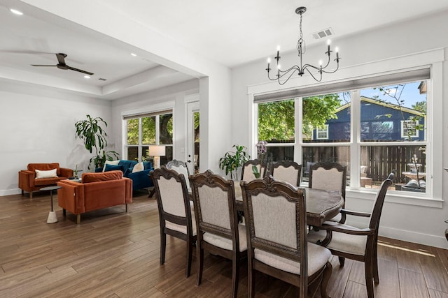 4 La Toya Trl, Wimberley, TX 78676 - dining room with wood finished floors, a chandelier, a tray ceiling, and ceiling fan