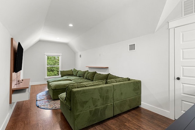 living room featuring vaulted ceiling, dark wood-style floors, and baseboards