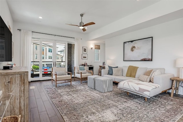 4609 Unity Cir, Austin, TX 78731 - living room with a ceiling fan, dark wood-style floors, and recessed lighting