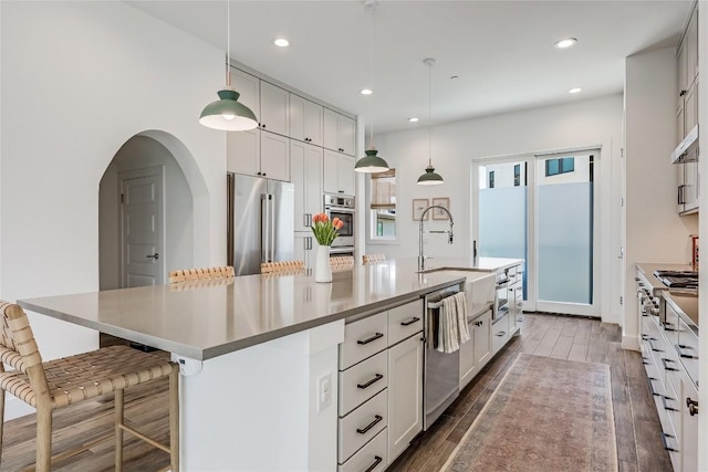 4609 Unity Cir, Austin, TX 78731 - kitchen featuring appliances with stainless steel finishes, wood finished floors, a spacious island, a sink, and recessed lighting