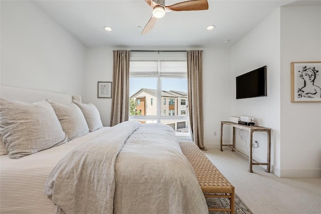 4609 Unity Cir, Austin, TX 78731 - carpeted bedroom with baseboards, a ceiling fan, and recessed lighting