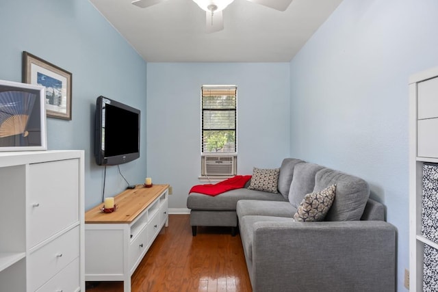 315 Juniper Dr, Mountain City, TX 78610 - living room with wood-type flooring, cooling unit, a ceiling fan, and baseboards
