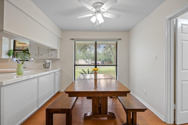 315 Juniper Dr, Mountain City, TX 78610 - dining room featuring light wood finished floors, ceiling fan, and baseboards