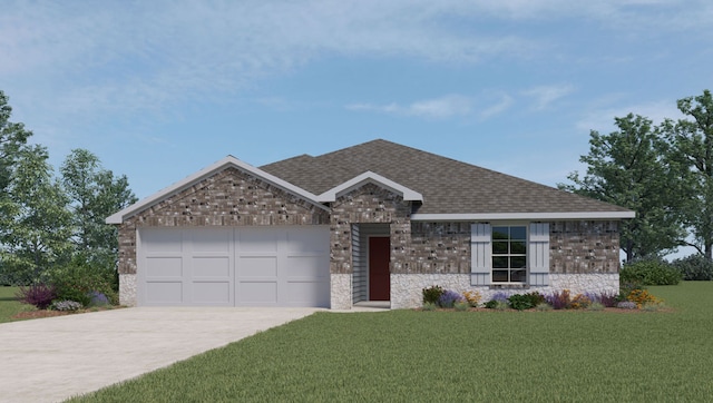 ranch-style home featuring driveway, a garage, a front yard, a shingled roof, and stone siding