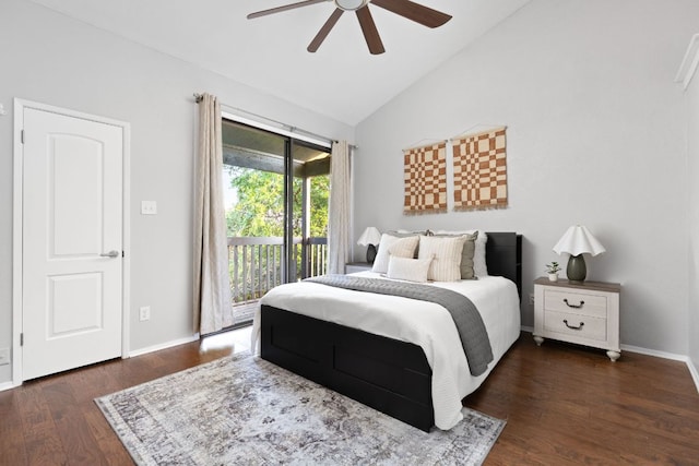 7122 Wood Hollow Dr Unit 13, Austin, TX 78731 - bedroom with access to exterior, wood finished floors, a ceiling fan, and high vaulted ceiling